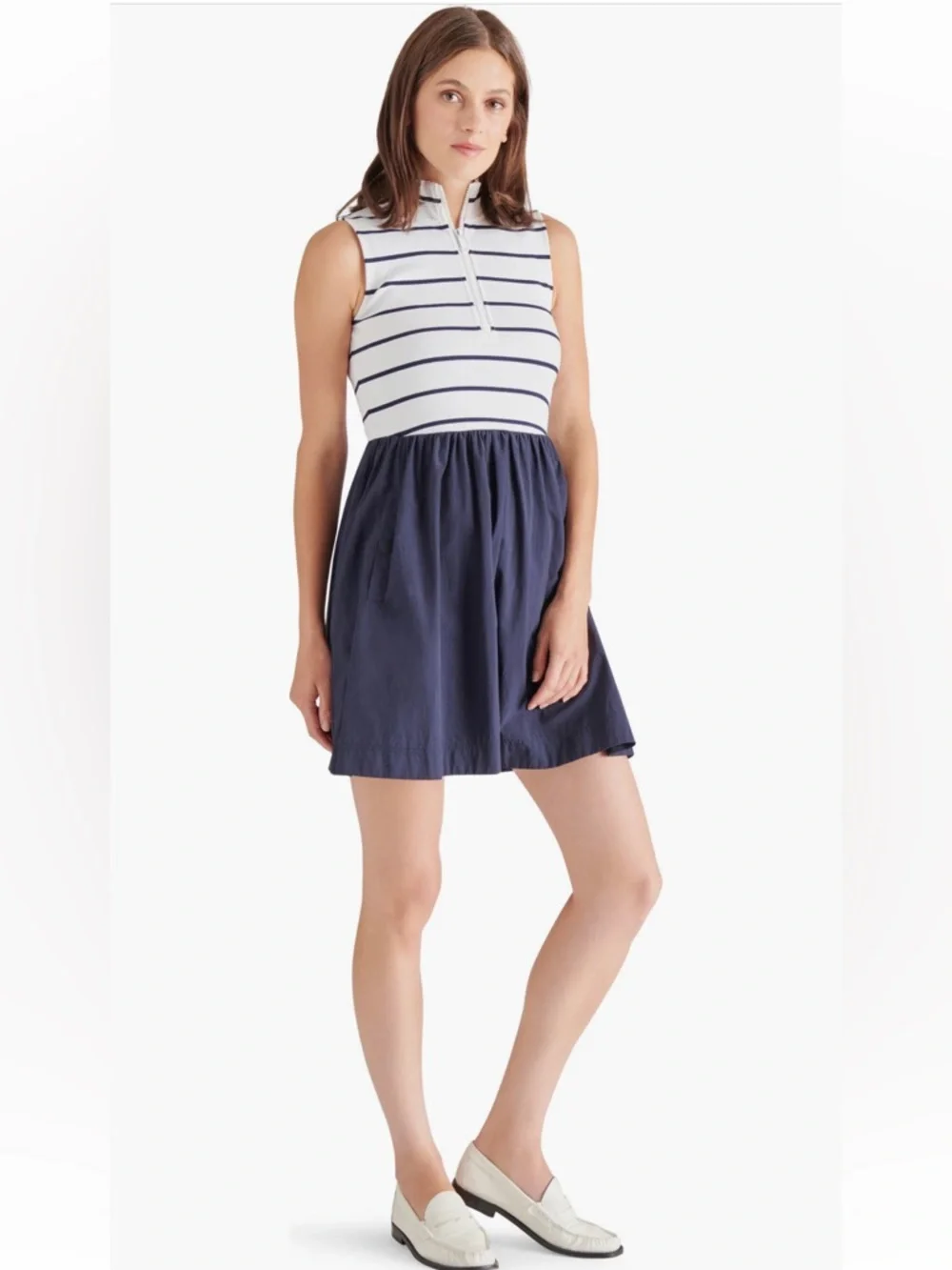 Steve Madden Lyon Halt Zip‎ Minidress mini dress navy blue stripes large NWT